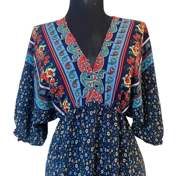 Blue Floral V-Neck Short Sleeve Dress Medium - Picture 6 of 14